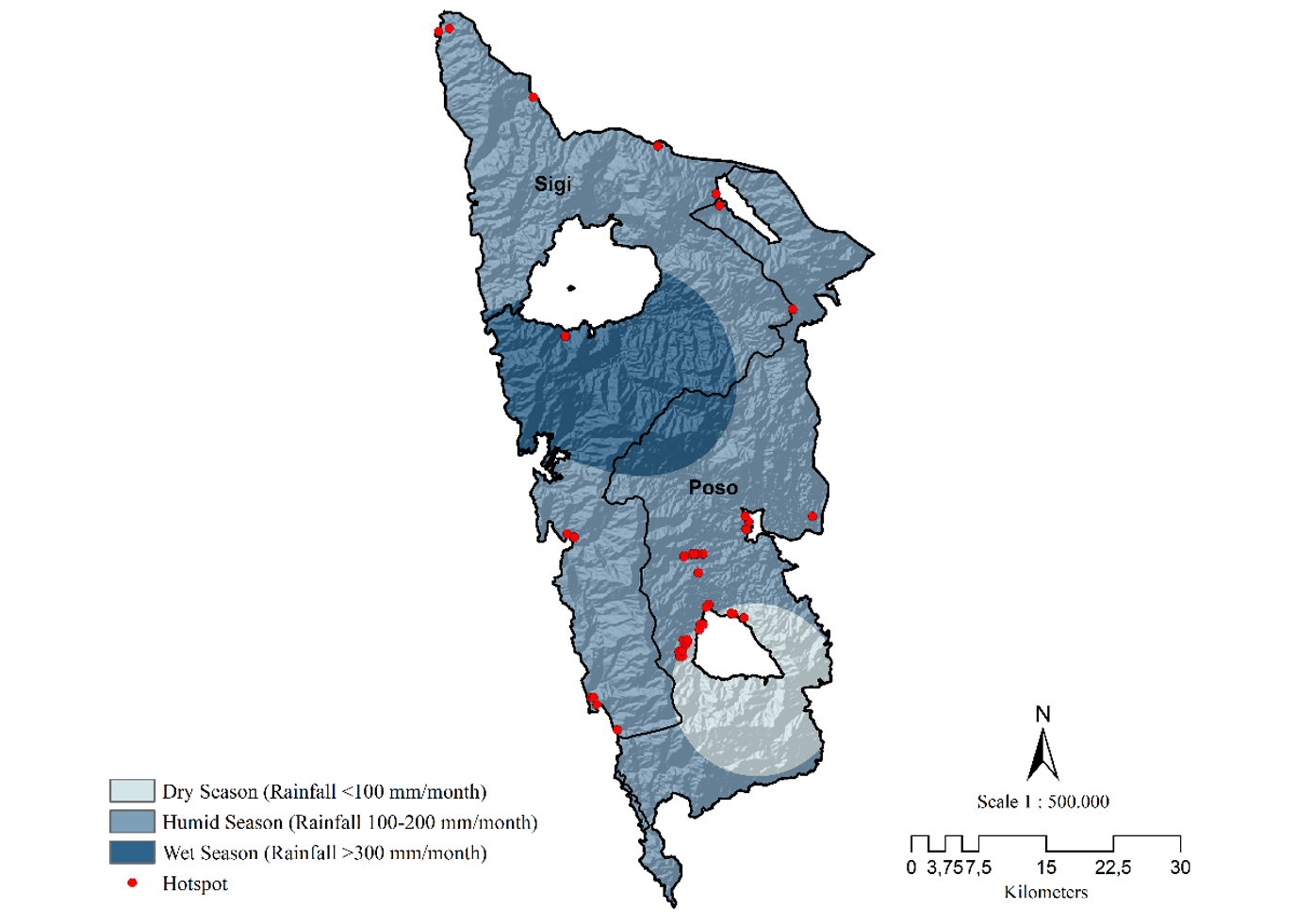 Figure 3  Distribution of hotspots based on rainfall in LLNP