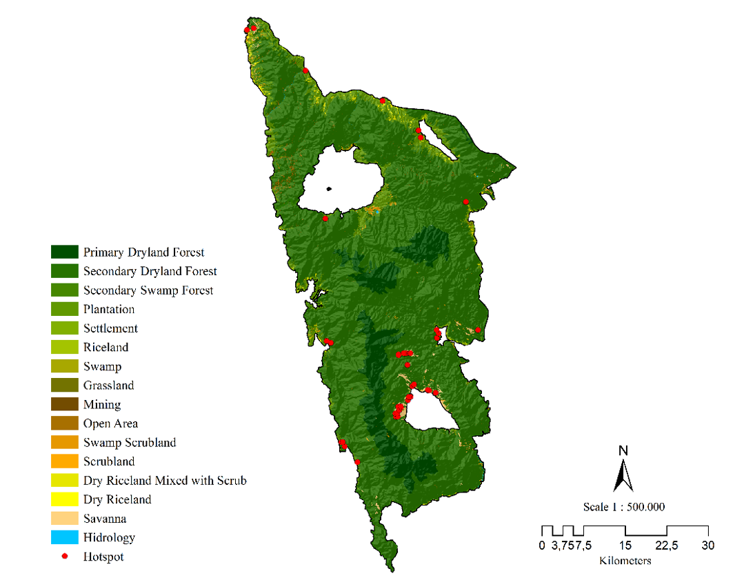 Figure 4: Distribution of hotspot based on land cover in LLNP